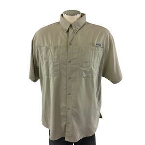 Columbia PFG Button Down Short Sleeve Shirt L‎ Biege Fishing Hiking Mens